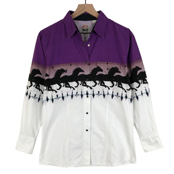 VTG CUMBERLAND OUTFITTERS Horse Print Western Snap Shirt Women's S Purple White - Picture 1 of 9